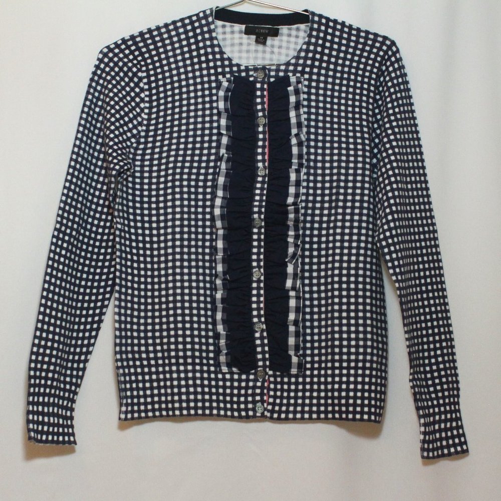 J Crew Jackie gingham Cardigan sweater with ruffle